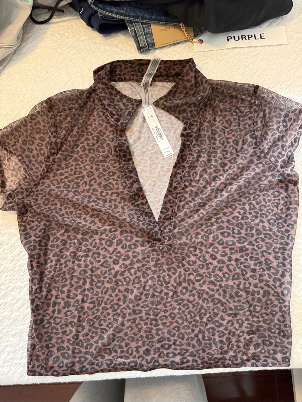 PINK Victoria's Secret Brown Leopard Sheer Short-Sleeve V-Neck Top M NWT